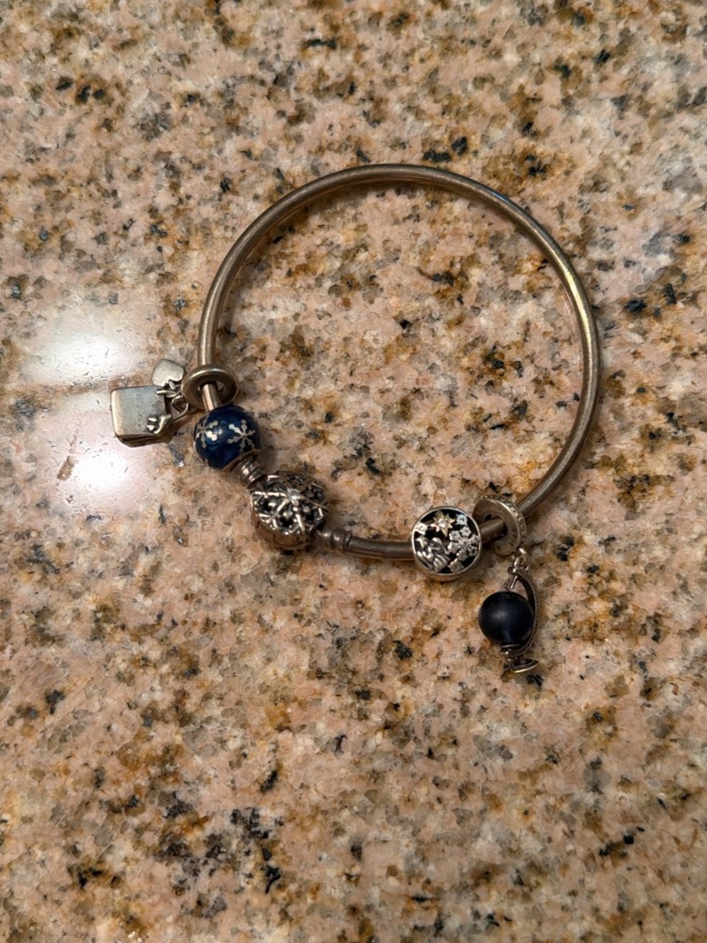 Pandora Silver Bangle with Navy Blue and Silver Charms